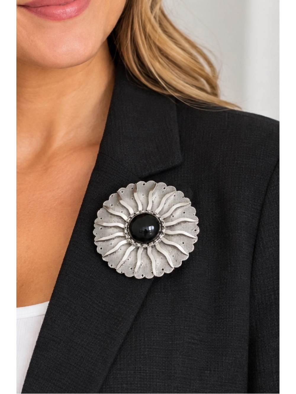 Vintage Sara Coventry Silver-Tone Flower Brooch with Black Center